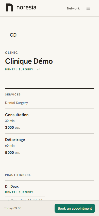 The Clinique Démo page on a phone, with its initials, its name, its specialty, the “Services” register and the bottom bar carrying “Book an appointment”.