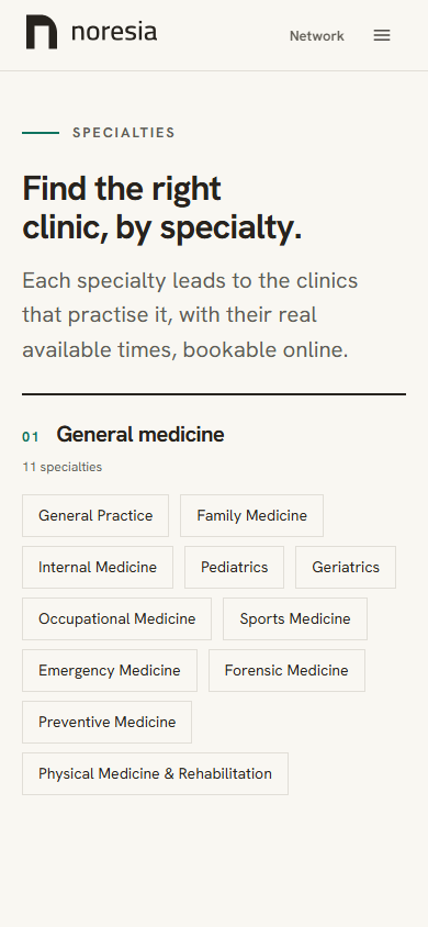 The Specialties page. The General medicine family carries its number, how many specialties it holds, then its disciplines listed one by one.