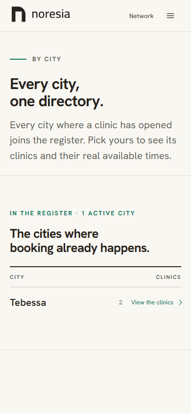 The Cities page. Under the heading The cities where booking already happens, one line carries the city name, its number of clinics and a link to the filtered directory.