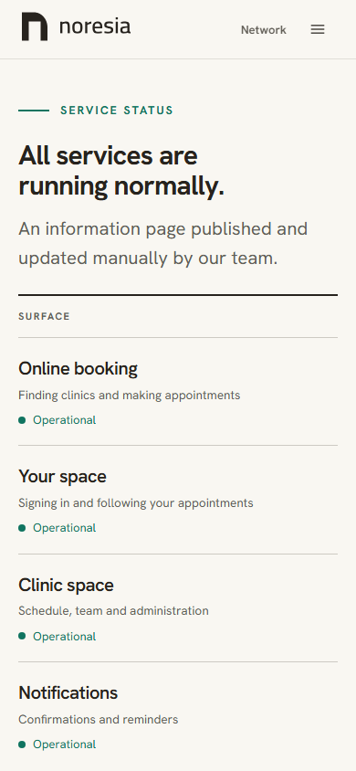 The Service status page, with the summary sentence at the top and, below it, the table of the four surfaces, each one marked Operational.