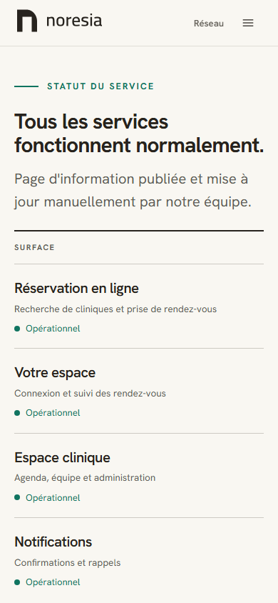 La page Statut du service, avec la phrase de résumé en haut et, en dessous, le tableau des quatre surfaces, chacune marquée Opérationnel.