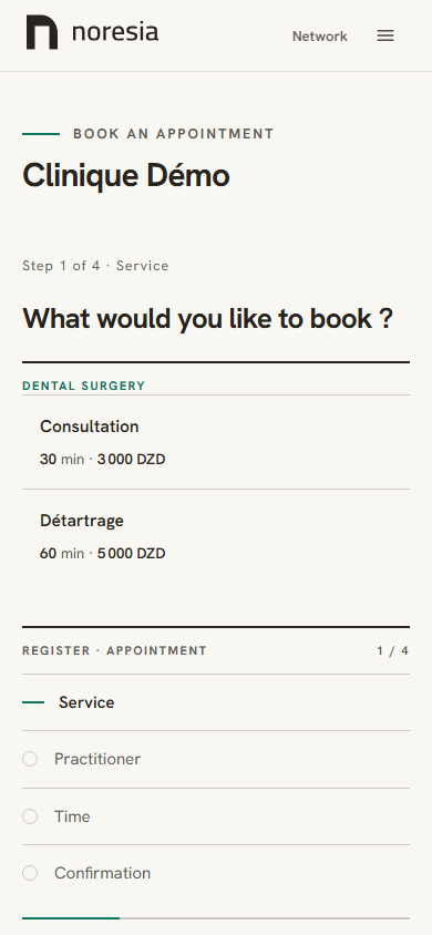 The first step of the booking, with the position counter, the services grouped by specialty and the register of steps.