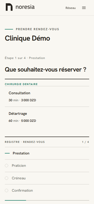 La première étape de la réservation, avec le compteur de position, les prestations rangées par spécialité et le registre des étapes.