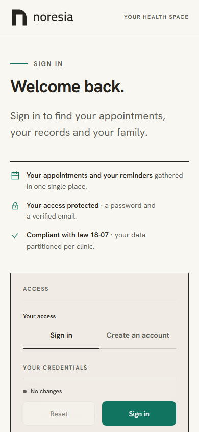 The sign-in page on a phone, with the "Your access" choice, its two cards "Sign in" and "Create an account", and the send bar at the bottom of the screen.