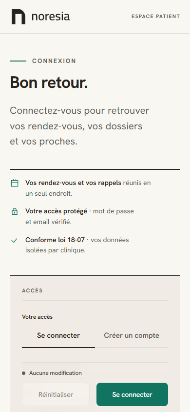 La page de connexion sur téléphone, avec le choix « Votre accès », ses deux cartes « Se connecter » et « Créer un compte », et la barre d'envoi en bas de l'écran.